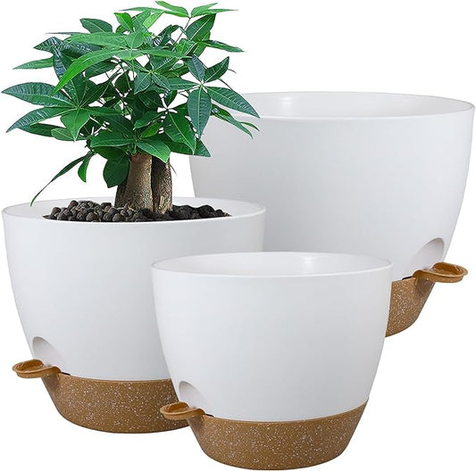 UOUZ Large Self Watering Pots, 12/10/9 Plastic Planters with High Drainage Holes and Deep Reservoir for Indoor Outdoor Garden Plants and Flowers, White with Brown