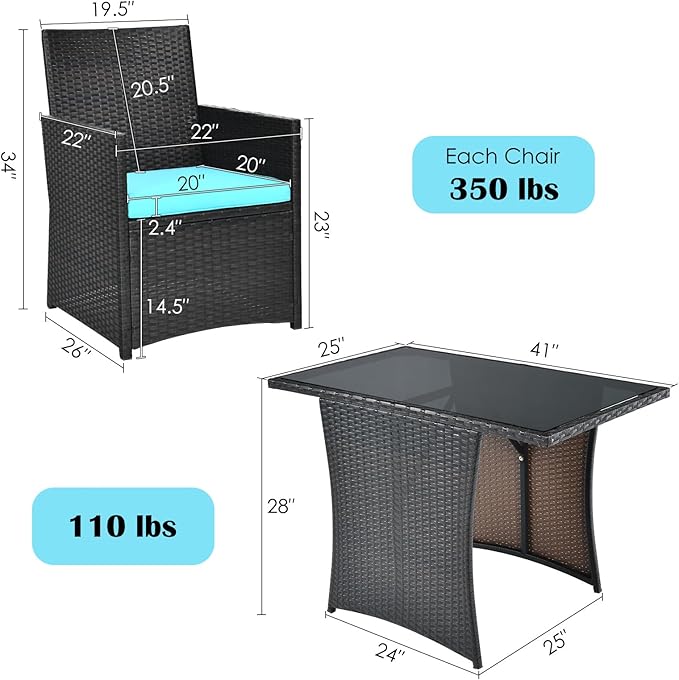 HAPPYGRILL 3PCS Outdoor Wicker Bistro Set PE Rattan Dining Table Set with Cushioned Chairs, Patio Conversation Set for Backyard Porch Garden and Poolside