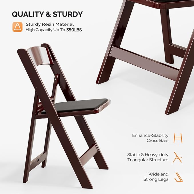 VINGLI Resin Folding Chairs with Cushion, Foldable Plastic Chair with Comfortable Padded Seats, Perfect for Event Party Indoor Outdoor, Reddish Brown, 1 PC
