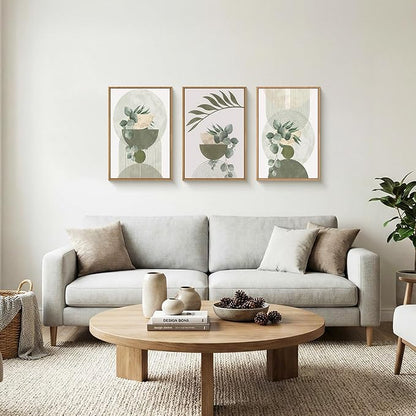 FWIEXA Sage Green Plant Canvas Wall Art Set 3, Abstract Geometric Line Botanical Framed Prints, Beige Minimalist Boho Leaf Paintings,16x24In Mid Century Modern Artwork for Living Room,Bedroom,Office
