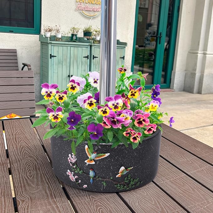 Patio Umbrella Planter 2 pcs Wrap Around Umbrella Planter with Umbrella Hole Half Round Flower Pot Black Outdoors with Drainage Holes（11.41 * 11.41 * 4.72inch） On Patio Table