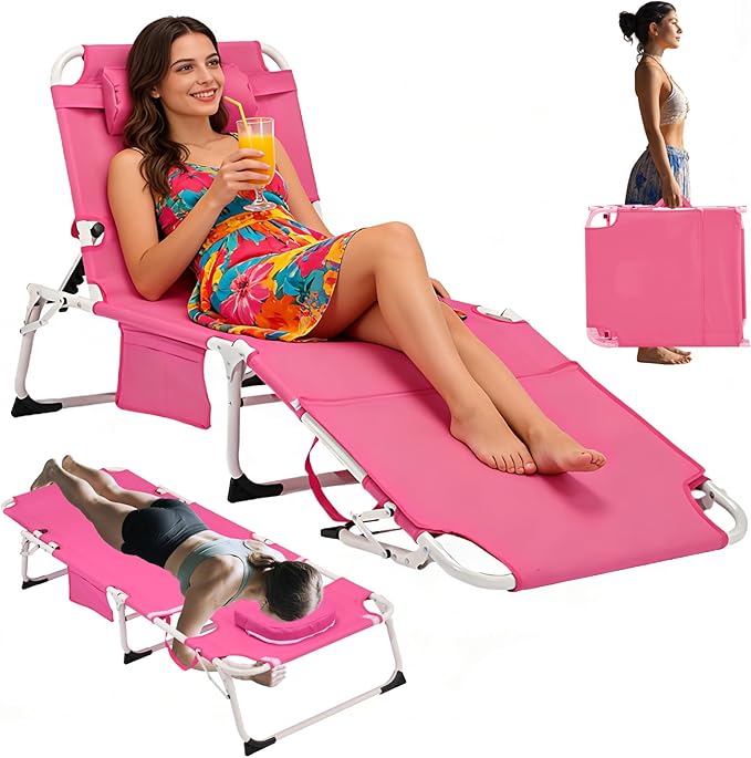3-in-1 Heavy Duty Tanning Chair with Face Hole Adjustable 5-Position Folding Chaise Lounge Chairs Portable Lay Flat Beach Lounge Chair for Outdoor Sunbathing Patio Pool Lawn Camping Deck (Pink)