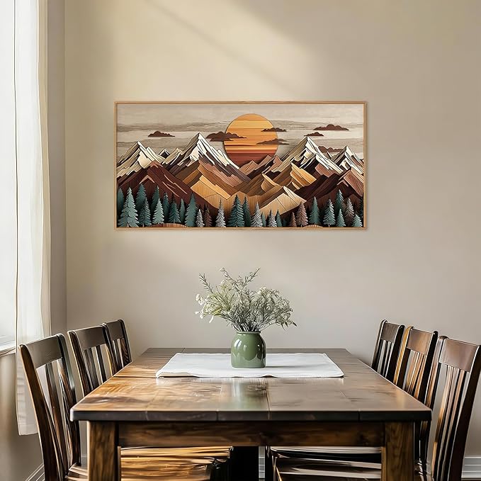KAIRNE Woodcut Style Mountain Framed Canvas Wall Art Set,Wooden Pine Tree Wall Decor,Vintage Forest Landscape Art Prints,Nature Sunrise Artwork for Living Room,Bedroom,Farmhouse,Office-40 x20 x1
