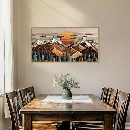 KAIRNE Woodcut Style Mountain Framed Canvas Wall Art Set,Wooden Pine Tree Wall Decor,Vintage Forest Landscape Art Prints,Nature Sunrise Artwork for Living Room,Bedroom,Farmhouse,Office-40 x20 x1