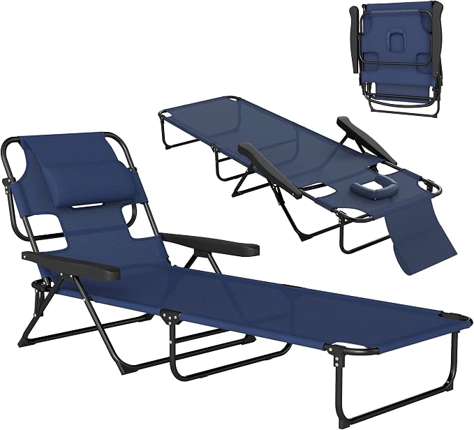 Outsunny Tanning Chaise Lounge Chair, 4-Position Beach Chair with Face & Arm Holes, Pillow headrest, Adjustable Sunbathing Chair, Navy Blue