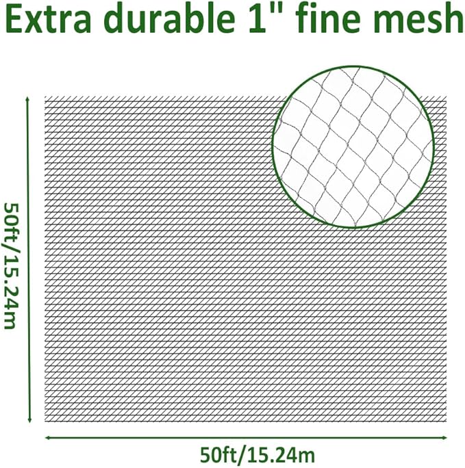 50x50ft Bird Netting, 1 inch Mesh, Heavy Duty Garden Netting for Fruit Trees, Blueberry Bushes, Vegetables, Extra Strong Woven Mesh Against Birds, Deer, Squirrels, Poultry and Other Animals