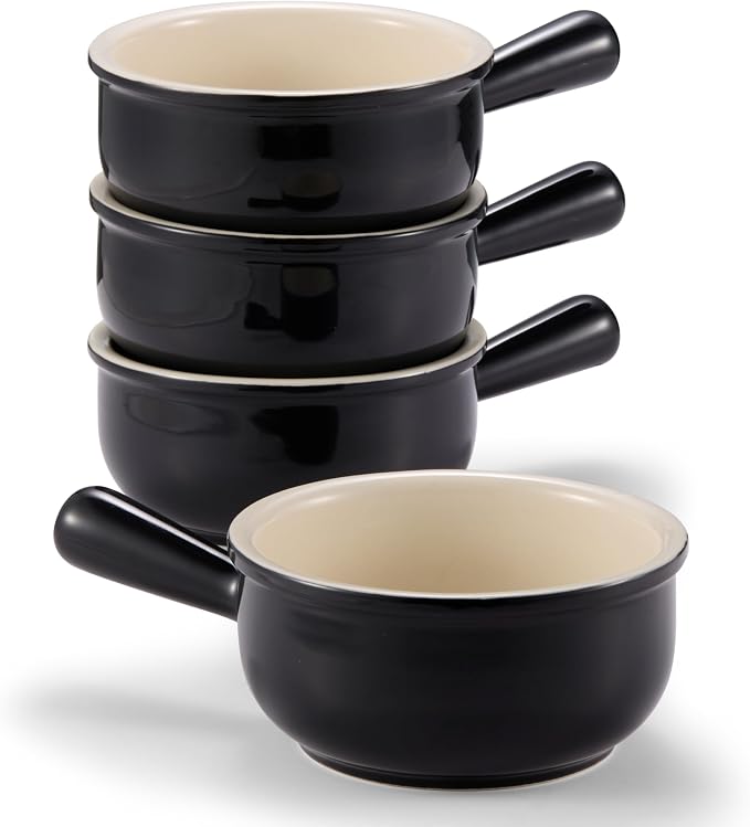 KooK French Onion Soup Bowls, French Onion Soup Crocks, Soup Bowl with Handles, 15 oz, Set of 4, Ceramic Bowls, Microwave, Dishwasher Safe & Oven safe, Stoneware,(Black)