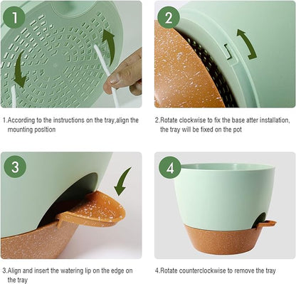 WOUSIWER 10 inch Self Watering Planters, 2 Pack Large Plastic Plant Pots with Deep Reservior and High Drainage Holes for Indoor Outdoor Plants and Flowers, Green with Terracotta