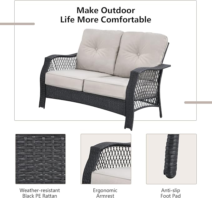 HAPPYGRILL 4 Pieces Patio Conversation Set Outdoor Rattan Sofa Set with Cushions and Coffee Table with Storage Shelf, Rattan Wicker Patio Furniture Set for Backyard Garden Poolside
