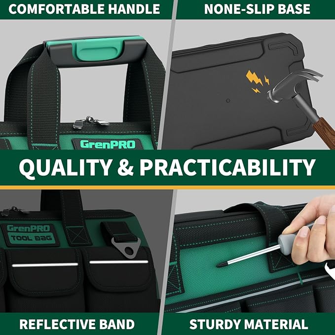 GRENPRO Heavy Duty Tool Bag 18Inch, 18-Pocket Molded Bottom Toolbox Organizer Portable Waterproof, Upgraded Handle Tool Bag for Mechanics, DIY, Valentines Day Gifts for Him Dad Men