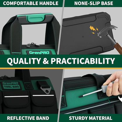 GRENPRO Heavy Duty Tool Bag 18Inch, 18-Pocket Molded Bottom Toolbox Organizer Portable Waterproof, Upgraded Handle Tool Bag for Mechanics, DIY, Valentines Day Gifts for Him Dad Men