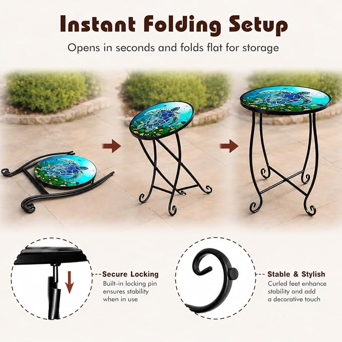 2-Pack 15 Inch Tall Mosaic Patio Side Tables Style, Metal Folding Turtle Table Set, Shatterproof Outdoor Patio Table for Porch Deck, Rust Resistant Small Garden Table (Set of 2)