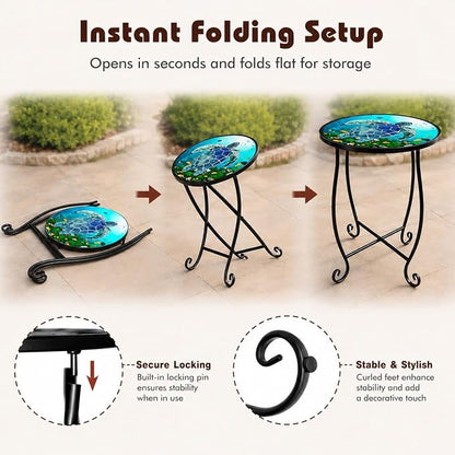 2-Pack 15 Inch Tall Mosaic Patio Side Tables Style, Metal Folding Turtle Table Set, Shatterproof Outdoor Patio Table for Porch Deck, Rust Resistant Small Garden Table (Set of 2)