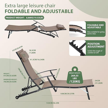 Nice C Patio Chaise Lounge with Wheel, Outdoor Lounge with Armrest for Pool, 5 Reclining Positions, with Rolling Wheel for Poolside, Beach, Backyard, Patio (Set of 2, Beige)
