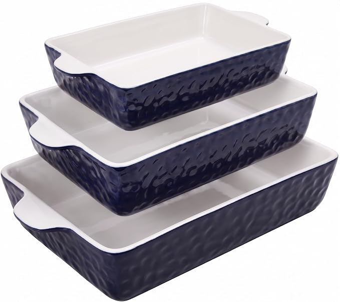 NutriChef 3-Piece Ceramic Casserole Dishes for Oven - Heavy Duty Rectangular Lasagna Baking Pans w/ Premium Nonstick Coating & Handles - PFOS, PTFE, PFOA Free - Microwave & Oven Safe, Royal Blue