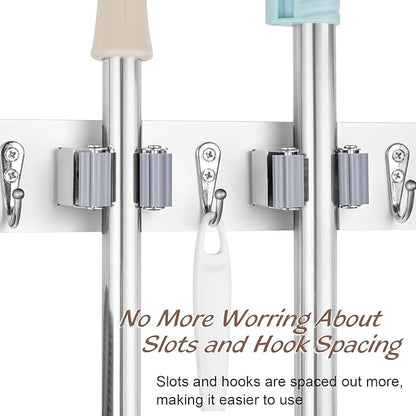 OUTNILI Mop and Broom Holder Wall Mount - White Broom Mop Hanger - Wall Mounted Garden Tool Rack Organizer for Closet Garage Laundry Room Kitchen Decor With 5 Slots & 4 Hooks