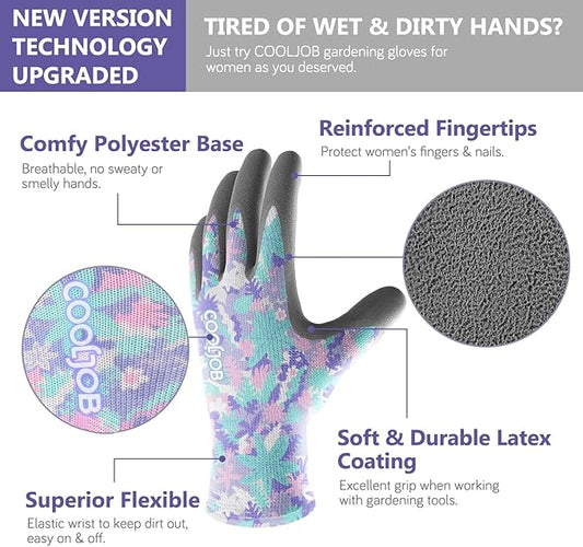 COOLJOB Colorful Gardening Gloves Best Gift for Women Ladies, 2 Pairs Breathable Rubber Coated Garden Gloves, Outdoor Protective Work Gloves, Varied Colors, Size Medium, 2 Pairs M