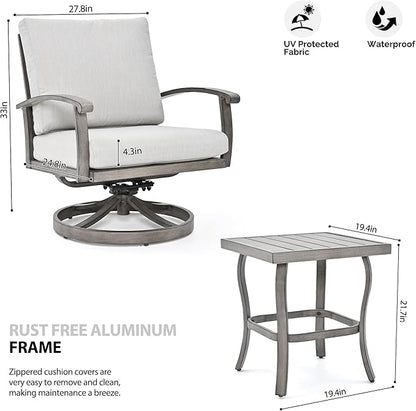 HAPPATIO Aluminum Outdoor Bistro Set - 3 Piece Swivel Rocker Patio Chairs with Thick Cushions and Side Table, Small Patio Furniture Set for Backyard Porch Balcony Front Porch (Gray)