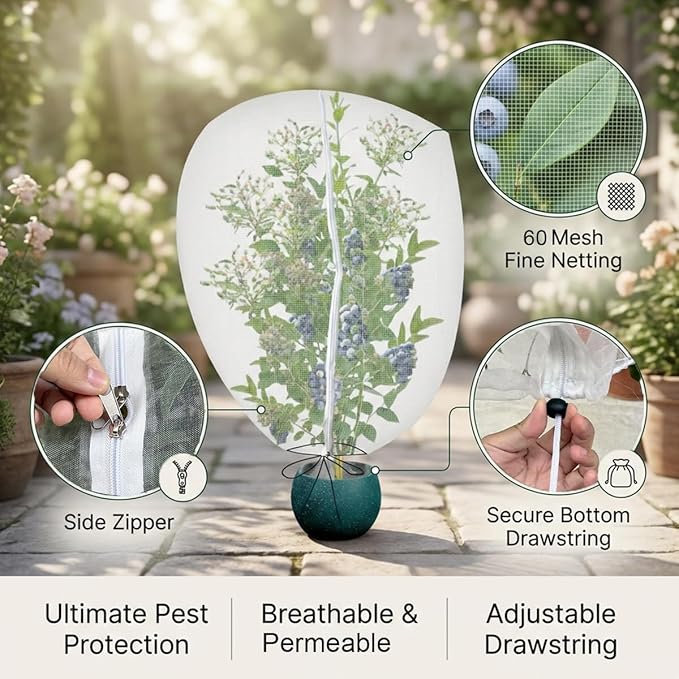 Gardtree 1PCS 6 × 7.8 FT Large Fruit Tree Netting Covers with Double Zipper & Drawstring, Garden Mesh Barrier for for Blueberry Bushes, Tomato & Citrus – Easy-Access Mesh Bird & Squirrel Barrier