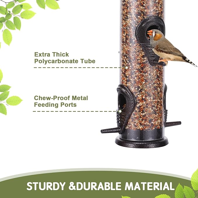 MIXXIDEA 1PK Metal Wild Bird Feeder,Squirrel Proof Bird Feeders for Outside,Hanging 6 Port Tube Bird Feeder Transparent Finch Bird Feeder for Attracting Birds in Your Lawn, Garden, Balcony – Coffee