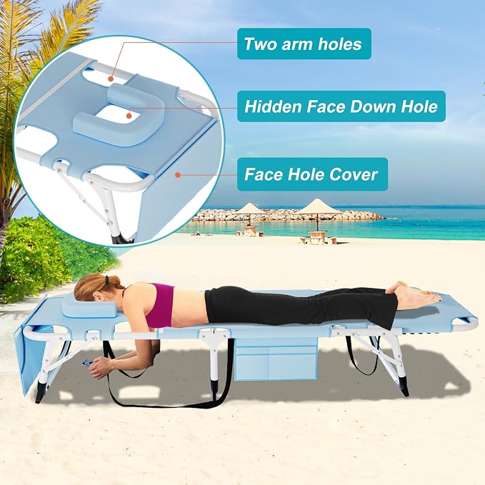 ABORON 3-in-1 Tanning Chair, 5-Position with Face and Arm Holes | 5-position reclining chair includes a removable mat, pillow, face hole and arm slots; folds flat for beach or patio use.