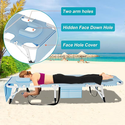 ABORON 3-in-1 Tanning Chair, 5-Position with Face and Arm Holes | 5-position reclining chair includes a removable mat, pillow, face hole and arm slots; folds flat for beach or patio use.