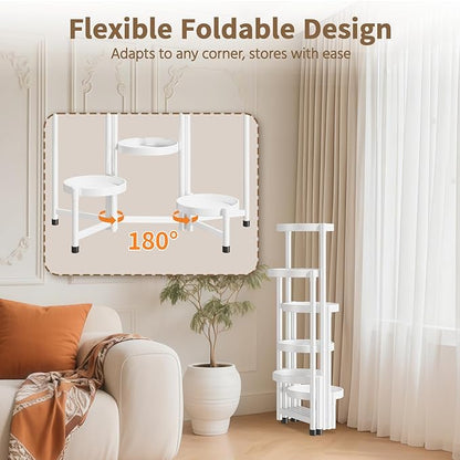 LASZOLA 6 Tiered Folding Tall Plant Stand Indoor for Multiple Large Planter, Heavy Duty Metal Adjustable Flower Rack for Narrow Corner, Sturdy Vertical Spiral Shelving Holder for Modern House, White