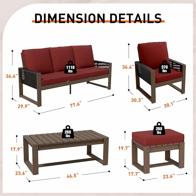 Rustic Hideaway Natural Cedar Wood Outdoor Furniture Set, Wicker Patio Conversation Set for Porch Garden Backyard, Couch, 2 Patio Chairs, Coffee Table and 2 Ottomans, 6 Piece, Brownish/Red