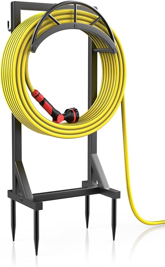 Garden Hose Holder, Metal Water Hose Storage Stand Hanger, Freestanding Water Hose Organizer Rack with 2 Tool Hooks for Outdoor Yards, Farms and Lawns, Black