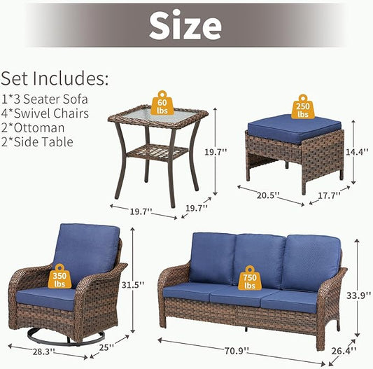 Patio Wicker Chairs Swivel Rocker Outdoor Rocking Chairs Set of 9 Rattan Furniture Set with Thick Cushion, Sofa, Side Table, Ottomans for Balcony Deck Backyard, Blue
