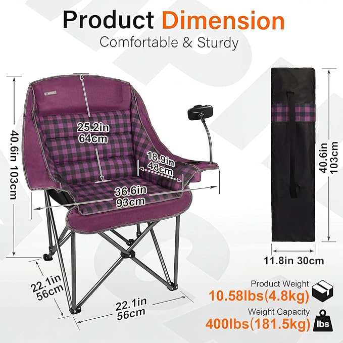 Oversized Camping Chairs for Adults- Heavy Duty Extra Large Lawn Chair,Folding Comfy Padded Camp Chair for Outdoor Sports Garden Beach Fishing,Wide&Thick,Purple Plaid