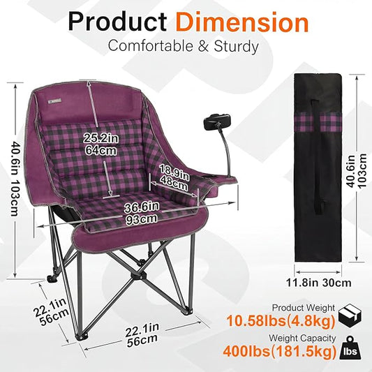 Oversized Camping Chairs for Adults- Heavy Duty Extra Large Lawn Chair,Folding Comfy Padded Camp Chair for Outdoor Sports Garden Beach Fishing,Wide&Thick,Purple Plaid