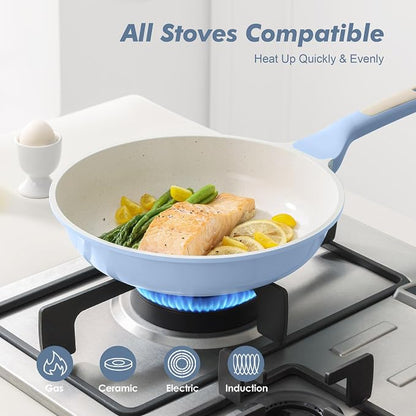 SENSARTE Nonstick Ceramic Frying Pan with Lid 10 Inch Omelet Pan Skillet, Free of Intentionally Added PFAS/PTFE Non-toxic Chef's Pan Induction Compatible Pan, Heat Resistant Handle, Glacier Blue