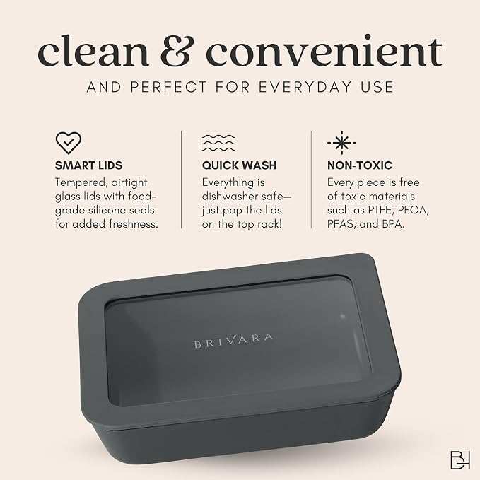 Glass Food Storage Container with Lid, 5-Cup Medium Square | Microwave-Safe Airtight Lid, Oven-Safe Ceramic-Coated Glass | Zero Plastic, No PFAS/PFOA/BPA, Reusable [Onyx]