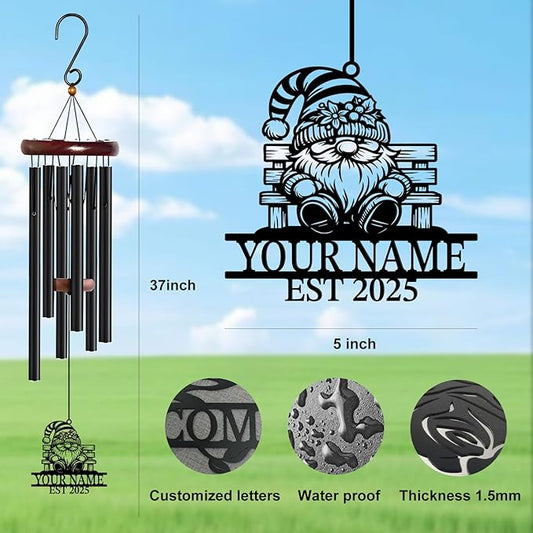 Personalized Customize Name Gnome Wind Chime, Metal Iron 37 Inch Outdoor Memorial Gift for Garden Yard Patio Home Decor, Black，Christmas (Style C)