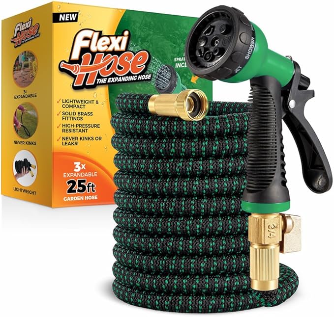 Flexi Hose with 8 Function Nozzle, 25FT - Lightweight Expandable Garden Hose, No-Kink Flexibility, 3/4 Inch Solid Brass Fittings and Double Latex Core - Black and Green