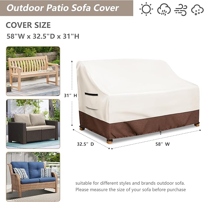 Waterproof Patio Sofa Cover, Heavy Duty 2-Seater Outdoor Couch Cover Size Up to 58W x 32.5D x 31H Inches, Lawn Patio Furniture Covers with Air Vent (Beige)