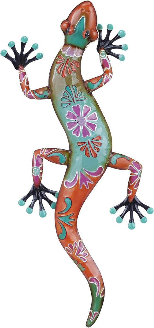Deco 79 Metal Lizard Home Wall Decor Indoor Outdoor Floral Patterned Wall Sculpture with Teal and Pink Accents, Wall Art 18" x 3" x 33", Orange
