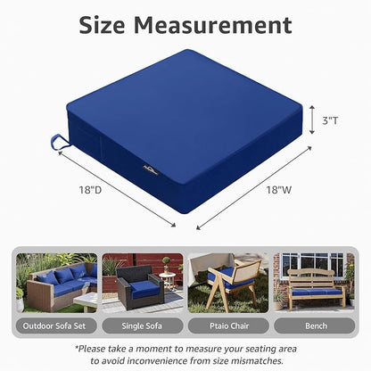 PatioGlow Outdoor Chair Cushions 18 x 18 x 3 Inch, Waterproof & Fade Resistant Patio Seat Cushion for Furniture with Handle and Ties, Thick Seating Pads for Outside Sofa Couch Set of 2, Blue