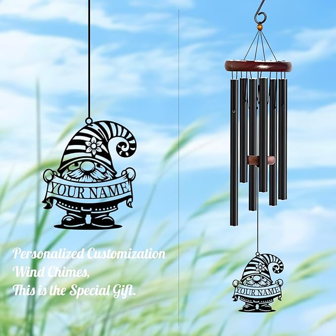 Personalized Customize Name Gnome Wind Chime, Metal Iron 37 Inch Outdoor Memorial Gift for Garden Yard Patio Home Decor, Black，Christmas (Style I)
