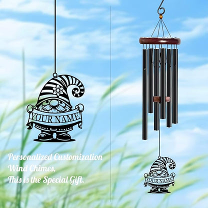 Personalized Customize Name Gnome Wind Chime, Metal Iron 37 Inch Outdoor Memorial Gift for Garden Yard Patio Home Decor, Black，Christmas (Style I)
