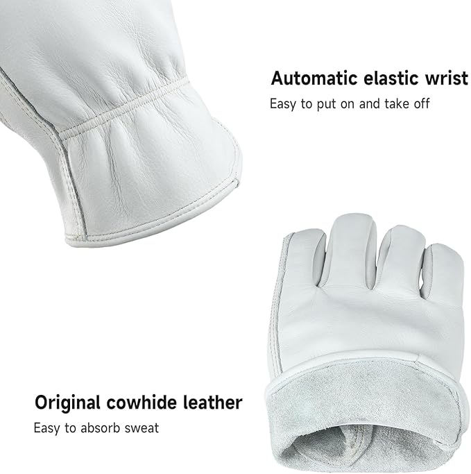OZERO Leather Work Gloves for Men, Cowhide Gardening Gloves with Reinforced Palm, Flexible Keystone Thumb, Elastic Wrist