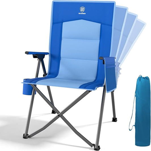 EVER ADVANCED Reclining Camping Chairs for Adult Lightweight, Folding Recliner Chair with Adjustable Back, 4-Level Lounge Chairs, Portable Lawn Chairs for Patio Balcony, Supports 350lbs Blue