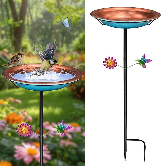 WANGIRO 11.4" Standing Bird Bath for Outdoors - 33" Tall Metal Birdbaths with Trellis Stake,Retro Copper & Blue Garden Decor, Detachable Bowl with Hummingbird & Flower Accent for Yard, Patio, Lawn