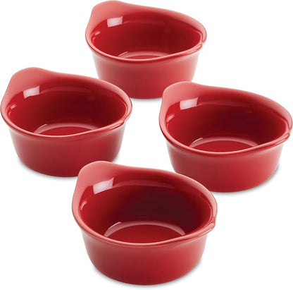 Rachael Ray Solid Glaze Ceramics Round Ramekins/Dipping Cup Set, 4 Piece, Red