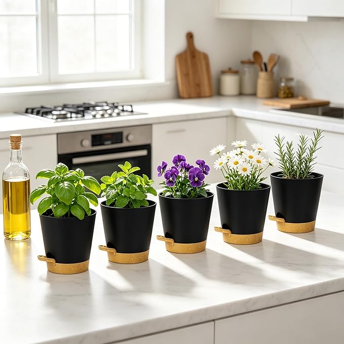 5 Pack 5 Inch African Violet Pots Self Watering, Self-Watering Planters with Drainage Holes & Reservoir, Black Brown Plastic Pots for Indoor Outdoor Plants, Succulents & Flowers