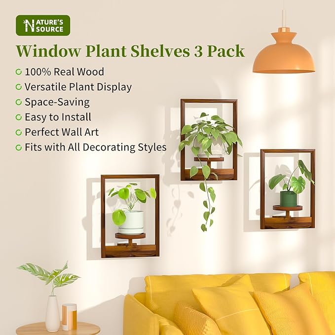 NATURE'S SOURCE Hanging Planters for Indoor Plants Wall Decor, Wooden Floating Shelves for Wall Planter, Window Plant Shelves Hold 22 lbs, Farmhouse Decor 16.5" x 11.8" (3 Pack)