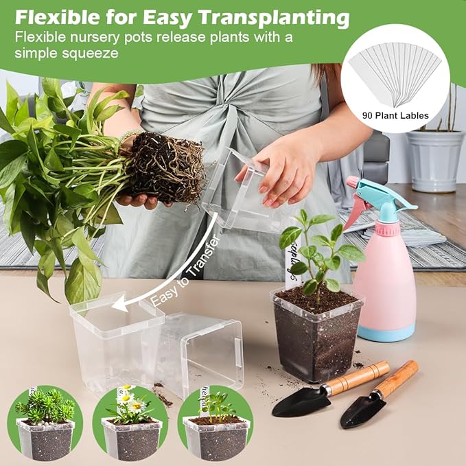 3.3 Inch Clear Nursery Pots with Drainage,90 Pack Square Seedling Pots with Plant Lables,Reusable Seed Starter Pots for Succulents Transplanting Herbs Flowers Tomato Windowsill Gardening