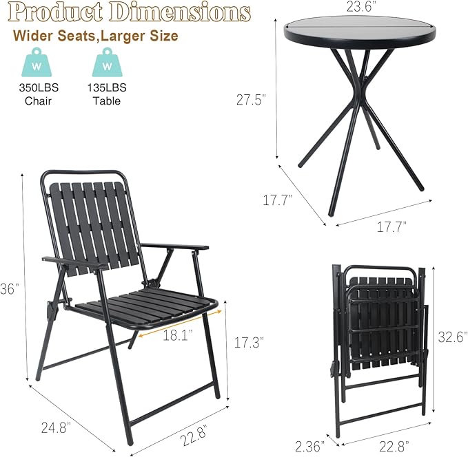 3 Piece Patio Bistro Set Folding Outdoor Dining Set for 2, Bistro Table and Chairs Set of 2 No Assembly Anti Rust Small Outdoor Bistro Sets for Lawn Backyard Balcony Poolside Deck (Black)