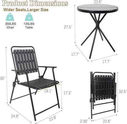 3 Piece Patio Bistro Set Folding Outdoor Dining Set for 2, Bistro Table and Chairs Set of 2 No Assembly Anti Rust Small Outdoor Bistro Sets for Lawn Backyard Balcony Poolside Deck (Black)